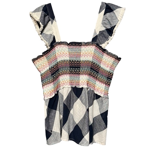 THML Cotton Smocked Bodice Fringe Trim Embroidered Gingham Plaid Sleeveless Top - Picture 2 of 11